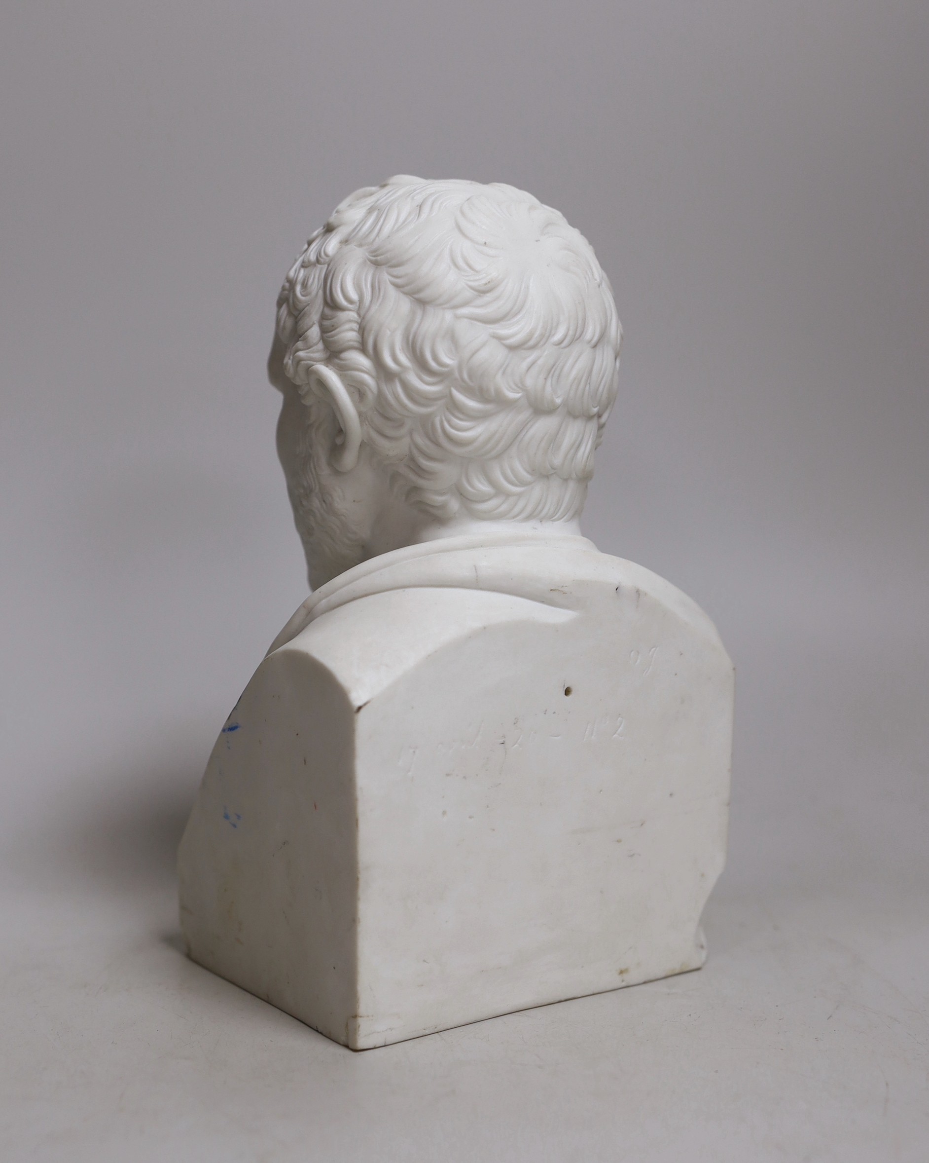 A 19th century French biscuit porcelain bust of Demosthene. 20cm tall